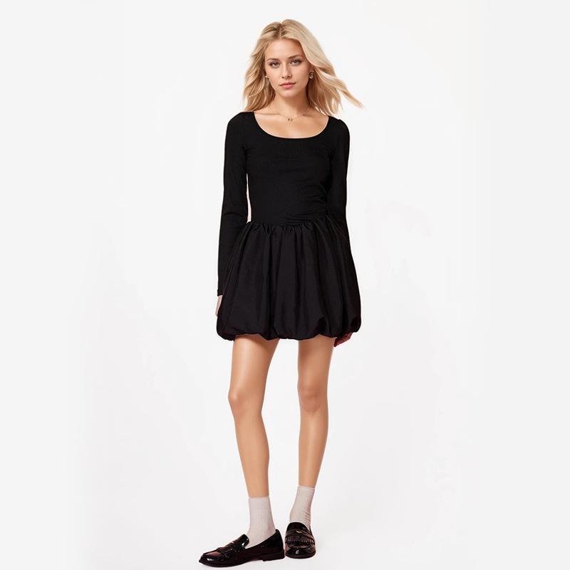 Seksowna sukienka z okrągłym dekoltem, patchworkowa, dopasowana, z długim rękawem, puszysta