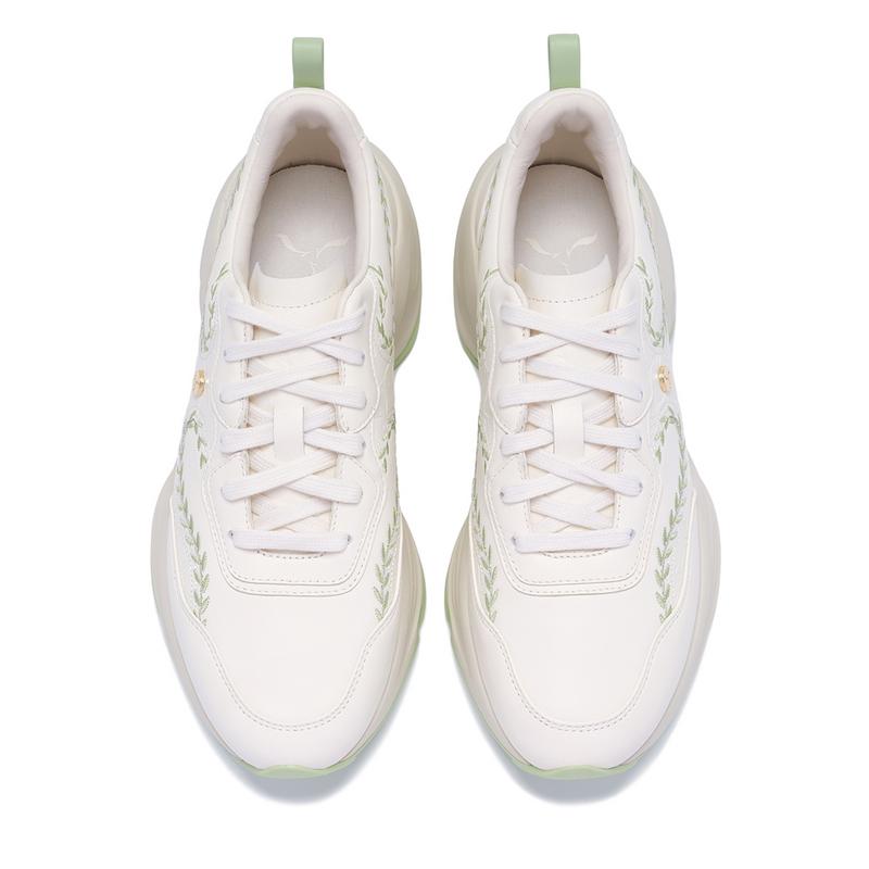 Li-Ning 1990 Série Clássica Vestido Nuvem Moda Esportiva Antiderrapante Resistente ao Desgaste Cano Baixo Sapatos Casuais Sapatos Casuais Femininos Branco Sujo ALFV030-1