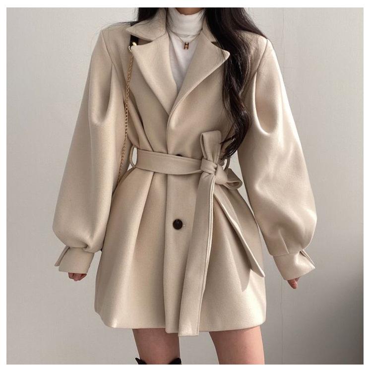 "Hepburn Style Women's Wool Coat: Korean Autumn/Winter, Strap Design, Suit Collar, Medium-Long"