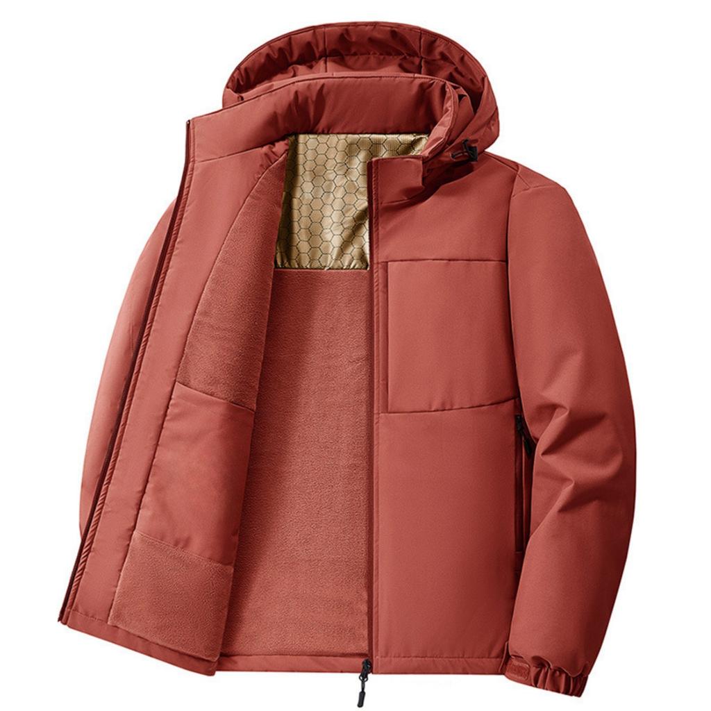 Men's Casual Solid-color Stand-up Collar Hooded, Fleece Thickened Loose Windproof Cotton Jacket