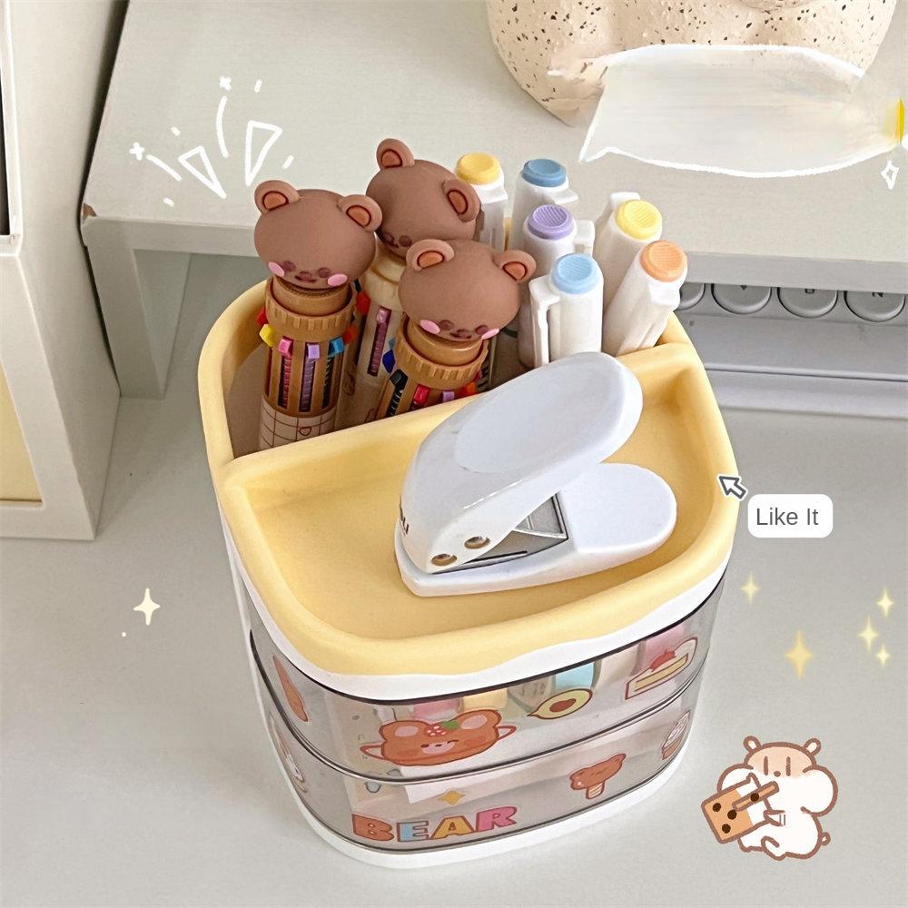 Simple And Large Desktop Storage Transparent Pen Holder Cartoon Square Pen Holder Student Stationery Storage Box