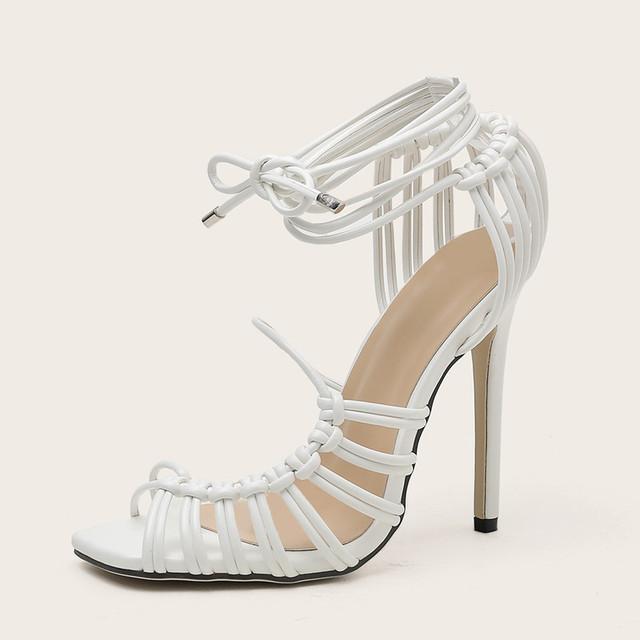 

мода Ins стиль Сексуальные ажурные плетеные женские сандалии Мода Узкие ремешки на щиколотке Туфли-шпильки Высокие каблуки Гладиаторские сандалии Летняя обувь 41 белый