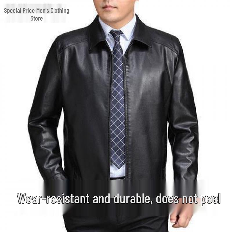 Haining Men's Real Leather Jacket - Middle-Aged and Elderly Spring Autumn Business Casual Fleece-Lined Coat