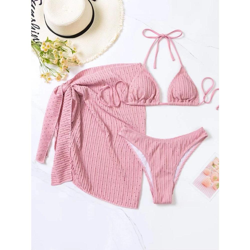 2026 Summer Halter Bikini 3 Pieces Women Special Material Sexy Thong Swimwear With Sarong Skirt White/Black/Pink/Green Beachwear