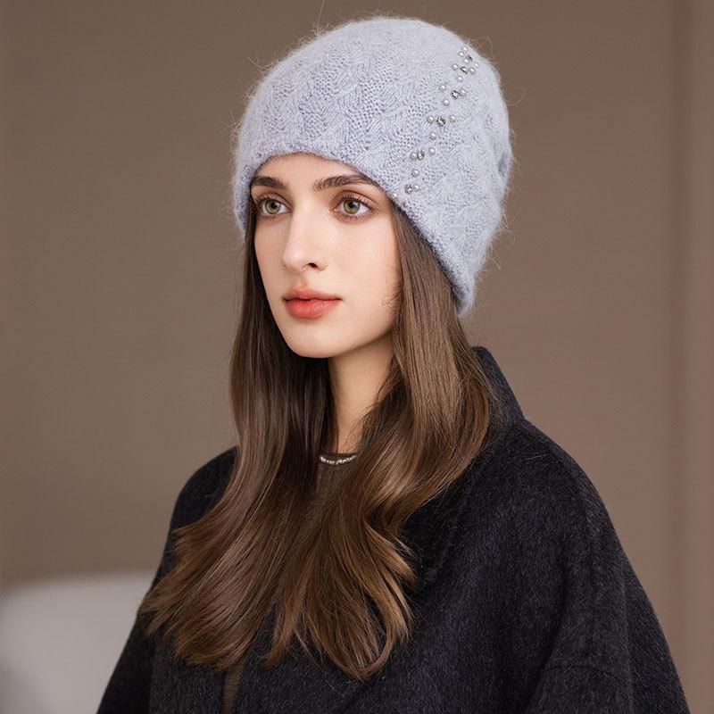 Sombrero de Punto de Piel de Conejo Moda Otoño e Invierno Versátil Protección para las Orejas Sombrero Apilable para la Cabeza Sombrero de Lana para Mujer