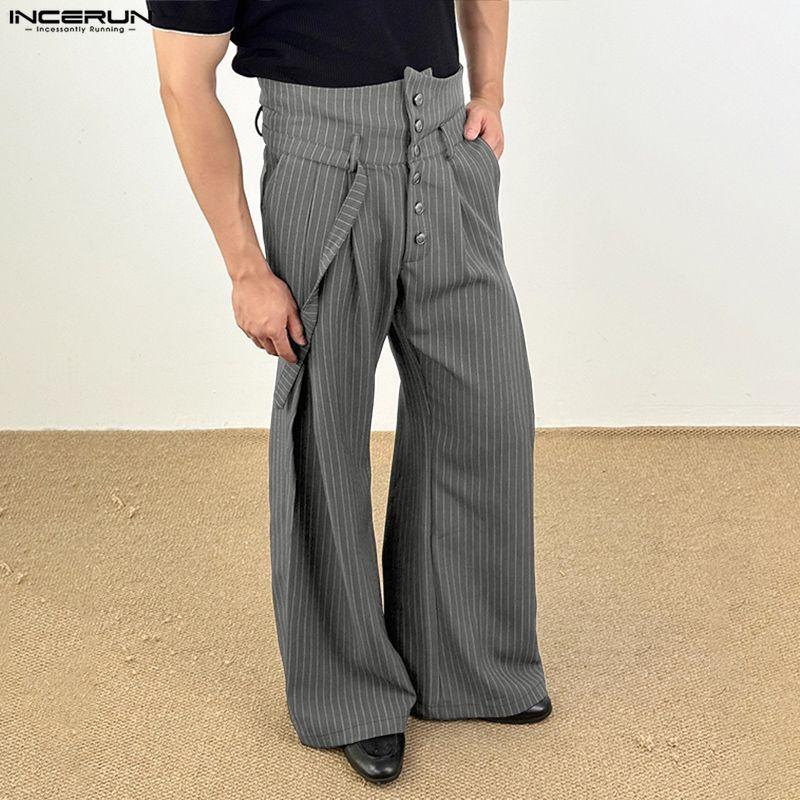 INCERUN Men Casual High Zipper Waist Embroidery Loose Long Wide Legs Pants Trousers