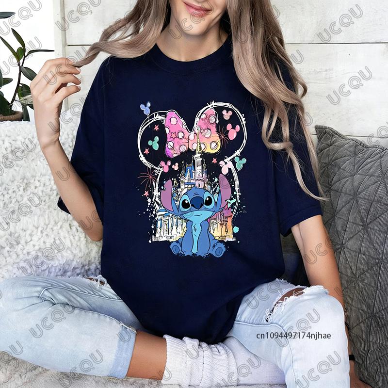 Summer New    Stitch Mickey Castle Magic Kingdom Print WoUnisex Cotton T Shirt Short Sleeve Tees Casual Couple Y2K Tops
