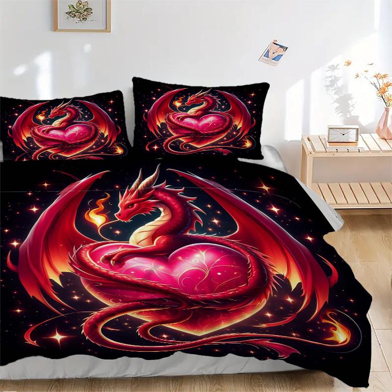 3pcs Dragon Embracing a Heart Print Cover Set Ultra Soft, Breathable, and Comfortable Bedding with Stylish Design for Bedroom and Guest Room Deco