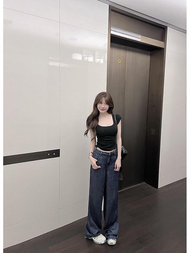 2025 Summer Women's Square Neck Short Sleeve Knit T-Shirt: Spicy Slimming Base Top