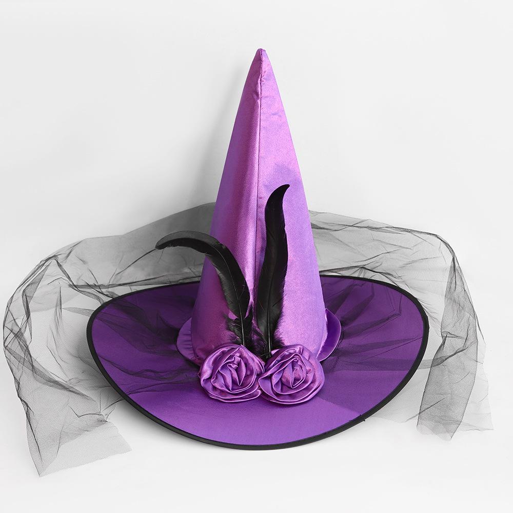 Halloween Witch Hat with Rose Flower Mesh for Adults & Kids - Masquerade Costume Party Accessory