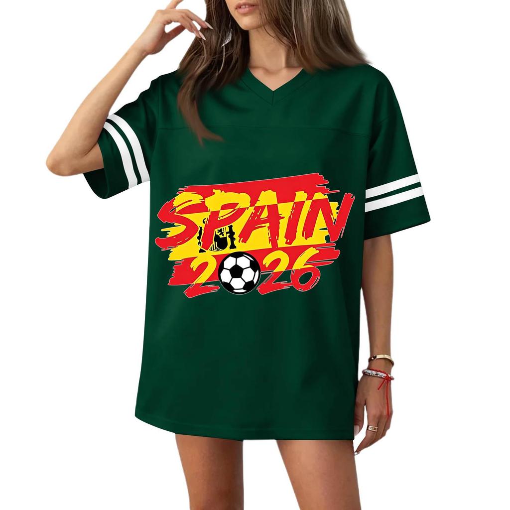Women V Neck Short Sleeve Relaxed Fit Soccer Graphic Tee Top with 2026 Flag Print Casual Sportswear Jersey Style