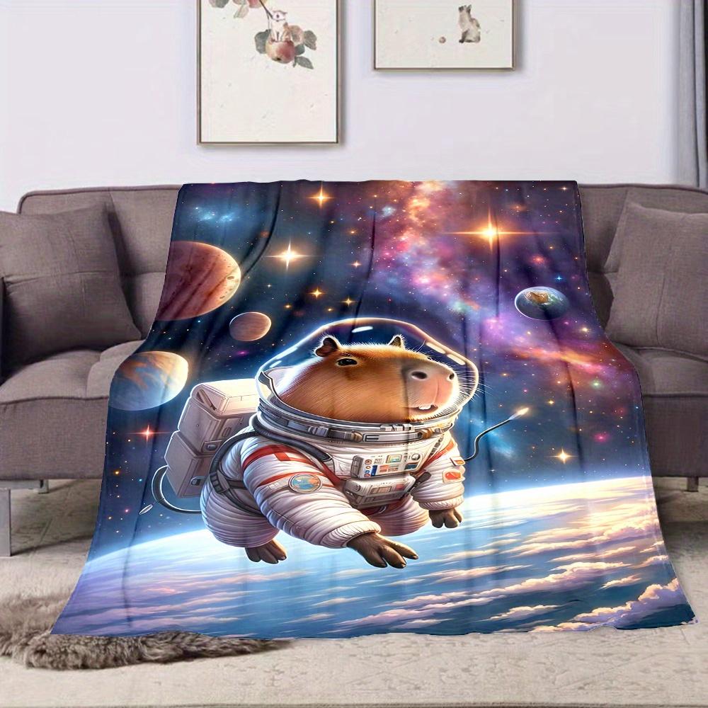 Cozy Space-Themed Capybara Flannel Printed Blanket Suitable for All Seasons Suitable for Living Room Office Sofa and Travel