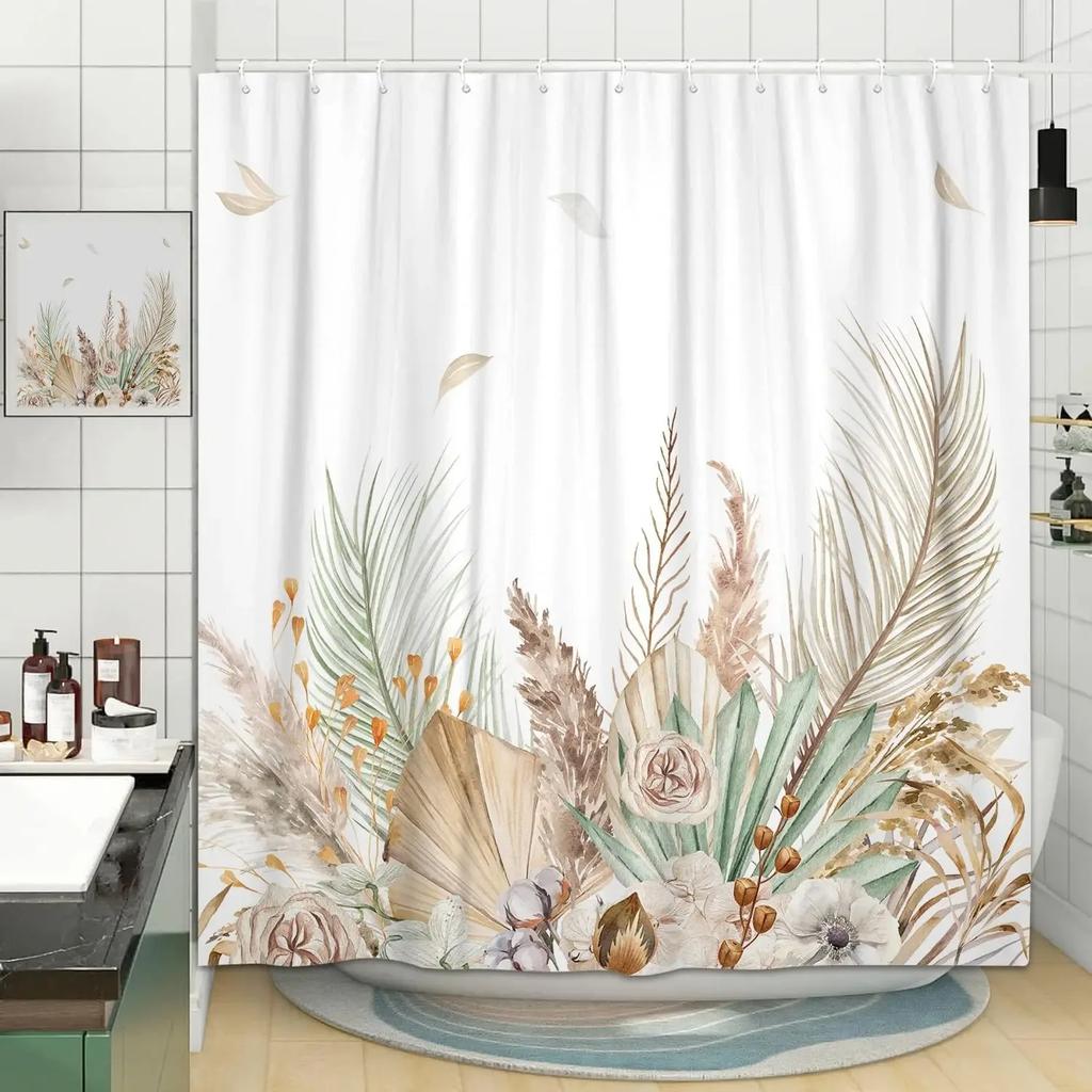 Boho Leaves Shower Curtain Tan Leaf With Floral Decorative Bath Curtain Polyester Fabric Waterproof Bathroom Curtain With Hooks
