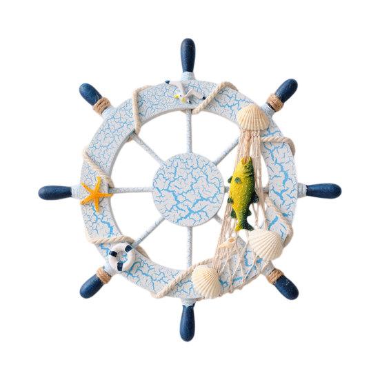 11" Nautical Beach Wooden Ship Wheel Wall Art Coastal Style Boat Steering Wheel Wall Hanging Ornament with Starfish And Hemp Rope for Living Room