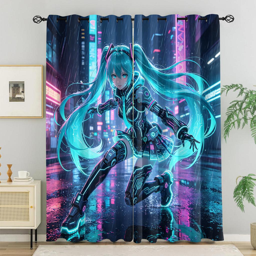 2Pcs Hatsune Miku Watercolor Sailor Uniform Blackout Curtains Soft Pastel Anime Window Drape Fans Room Kids Room Decor Best Gift