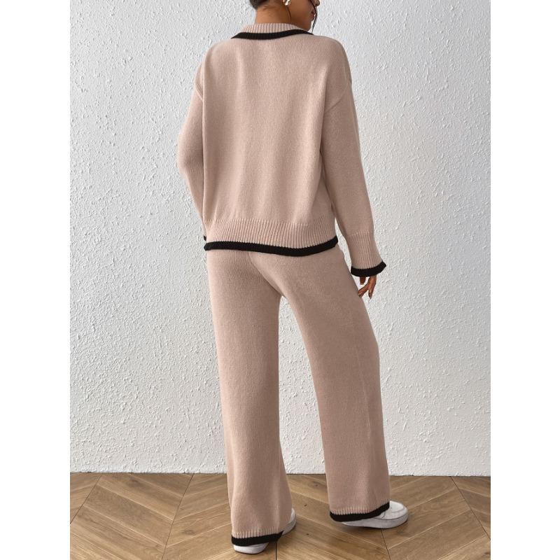 Women Two Piece Set Polo Neck Sweater And Wide Leg Pants