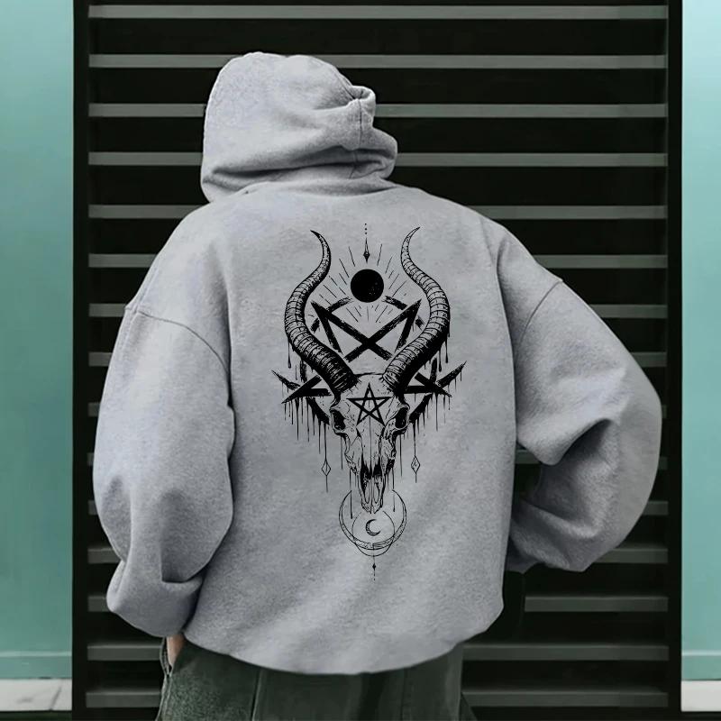 Men's Gothic Hoodies Demonic Horror Face Print Sweatshirt Streetwear Autumn Winter Male Top Casual Pullover 666 & Inverted Cross