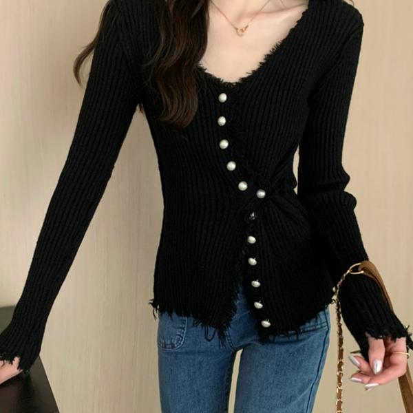 

Ранняя осень корейский стиль V-образный вырез Slim Fit Внутренний слой свитер с основанием женский кисточкой Nail Bead Designknitted Кардиган Топ XL чёрный