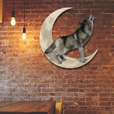 Metal Wolf On Moon Wall Art - Stylish Decor for Living Room, Bedroom, and Outdoor Spaces | Unique Metal Wall Hanging
