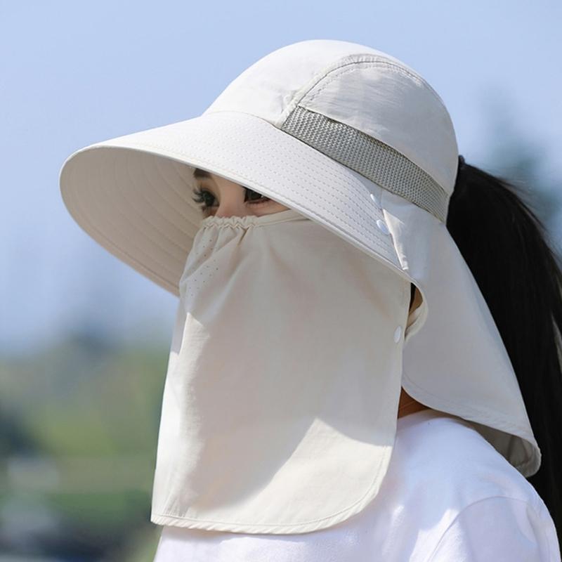 Chapeau Masque Facial Protection Solaire pour Femmes Chapeau de Soleil à Large Bord avec Cordon de Serrage Réglable Chapeau Respirant pour Activité en Plein Air
