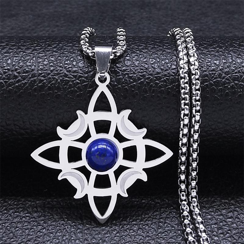 Wicca Celtic Knot Triple Moon Goddess Necklace Stainless Steel Natural Stone Witch Amulet Chain Necklaces Jewelry Collar