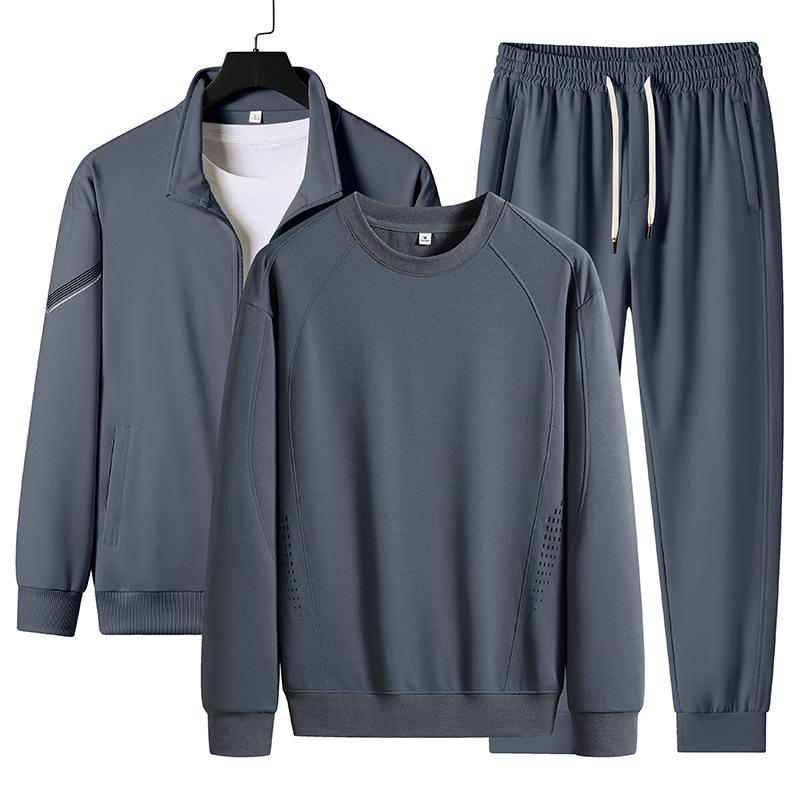Cotton Casual Suit Men's Running Sports Cardigan Stand Up Collar Hoodie Three Piece Set