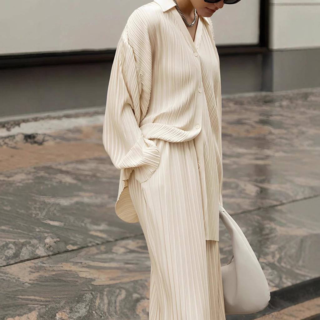 1116 women's clothing European and American style autumn new solid color straight leisure commuting two-piece set foreign style pleated set