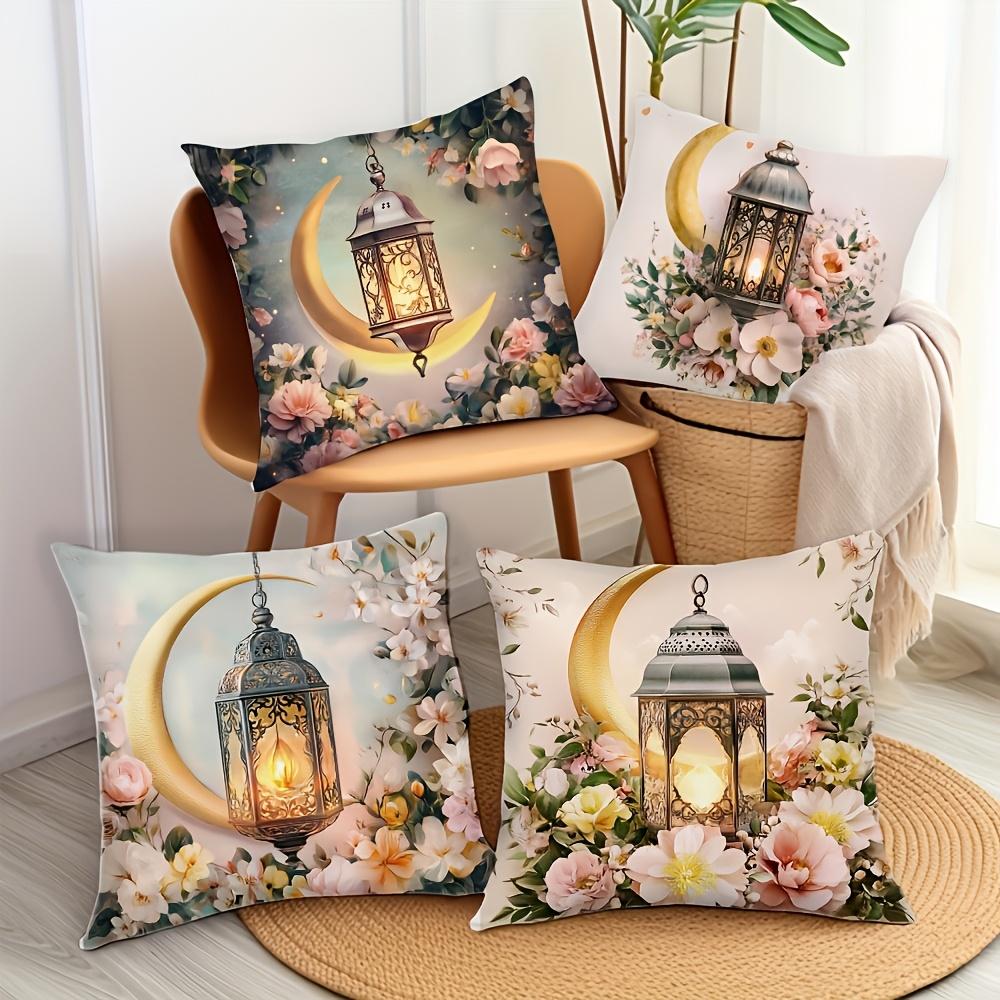 Ramadan Cushion Covers Lantern Floral Designs with Green Plants Printed Square Pillowcase Zipper Closure for Living Room Decor