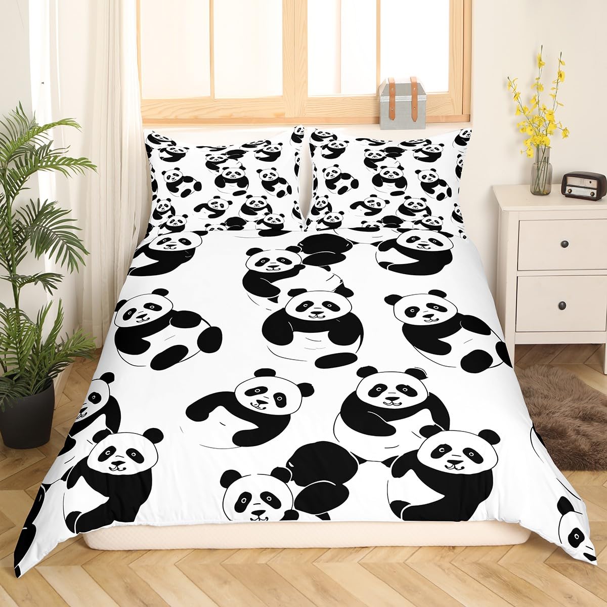 Ensemble de Literie Panda Dessin Animé Double Feuilles Vertes Housse de Couette Animaux Sauvages Plantes Housse de Couette Art Peinture à l'Huile Bleue Housse de Couette EU Single(135x200cm)