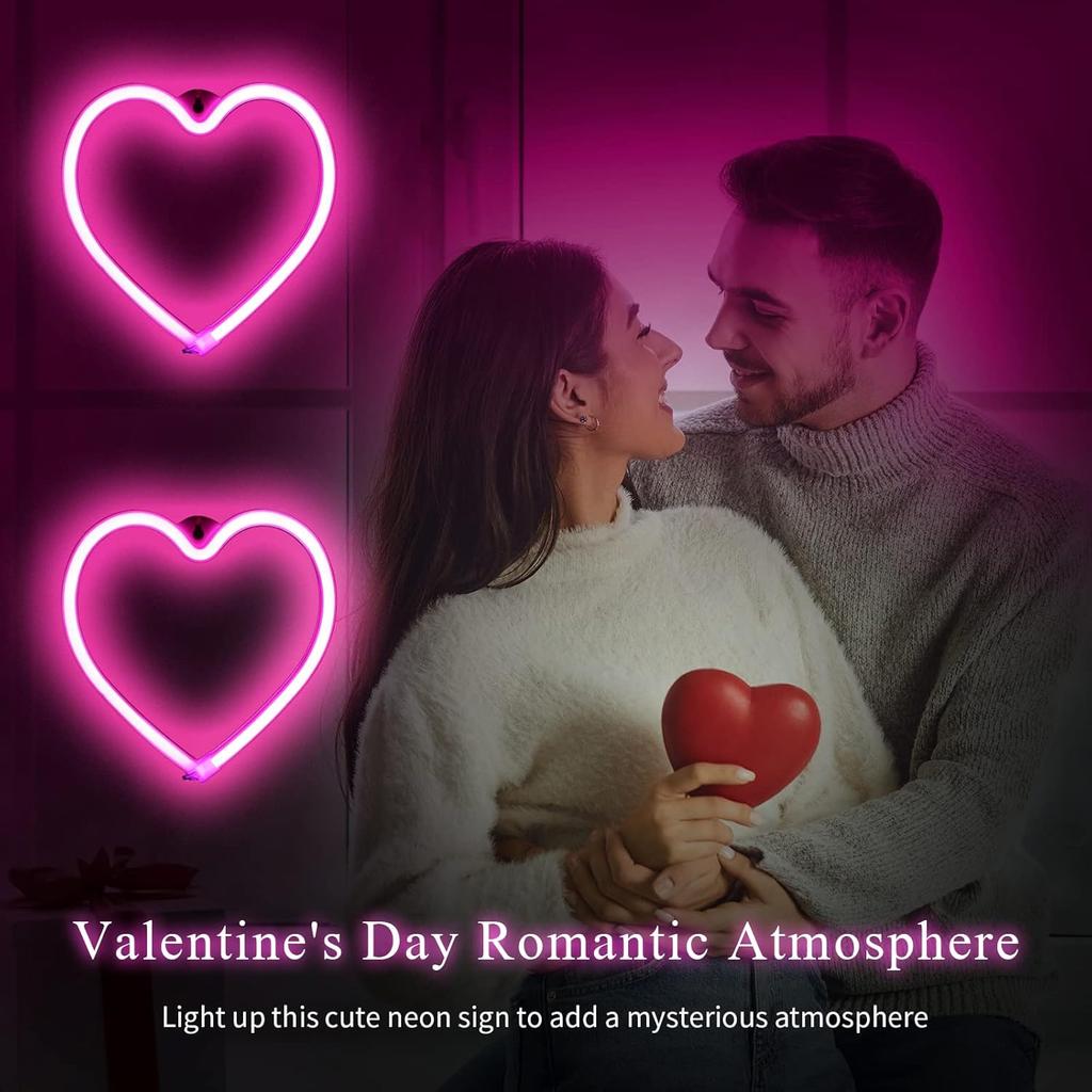2 Pcs Valentine's Day Neon Heart Lights Pink Heart Neon Signs LED Valentines Day Decor Battery Operated or USB Powered Heart LED Lights for Girls