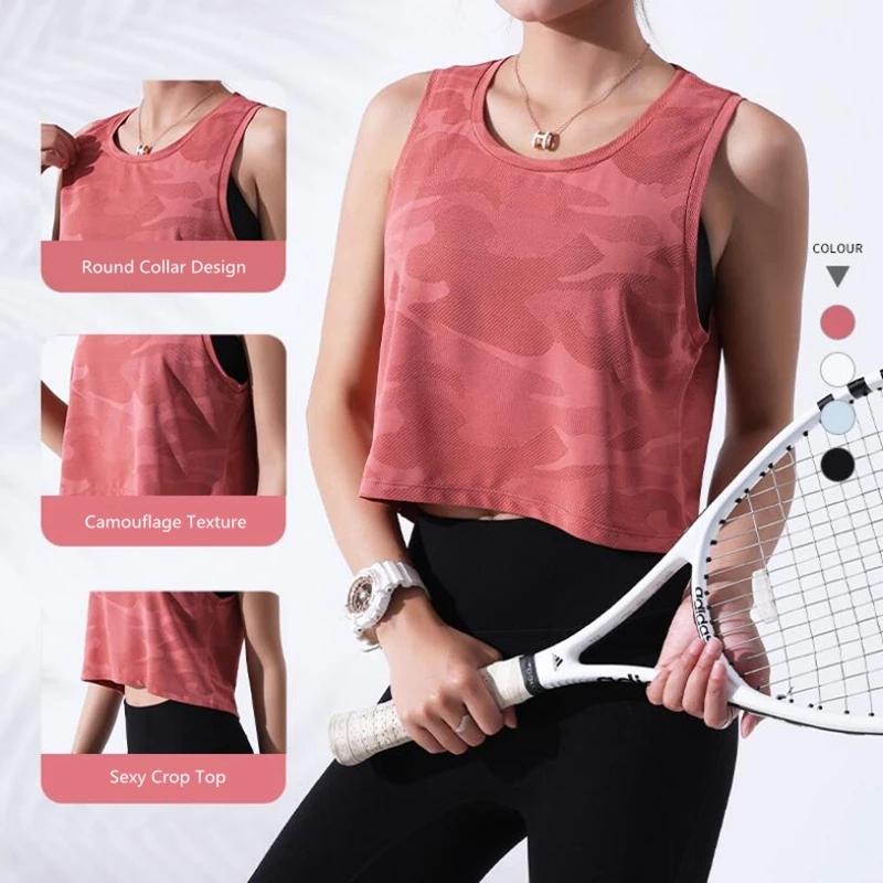 Frauen Tarnung Laufhose Weste Fitness Crop Top Ärmelloses Mesh Yoga Shirts Atmungsaktive Workout Gym Tank Tops Weibliche Sportswear