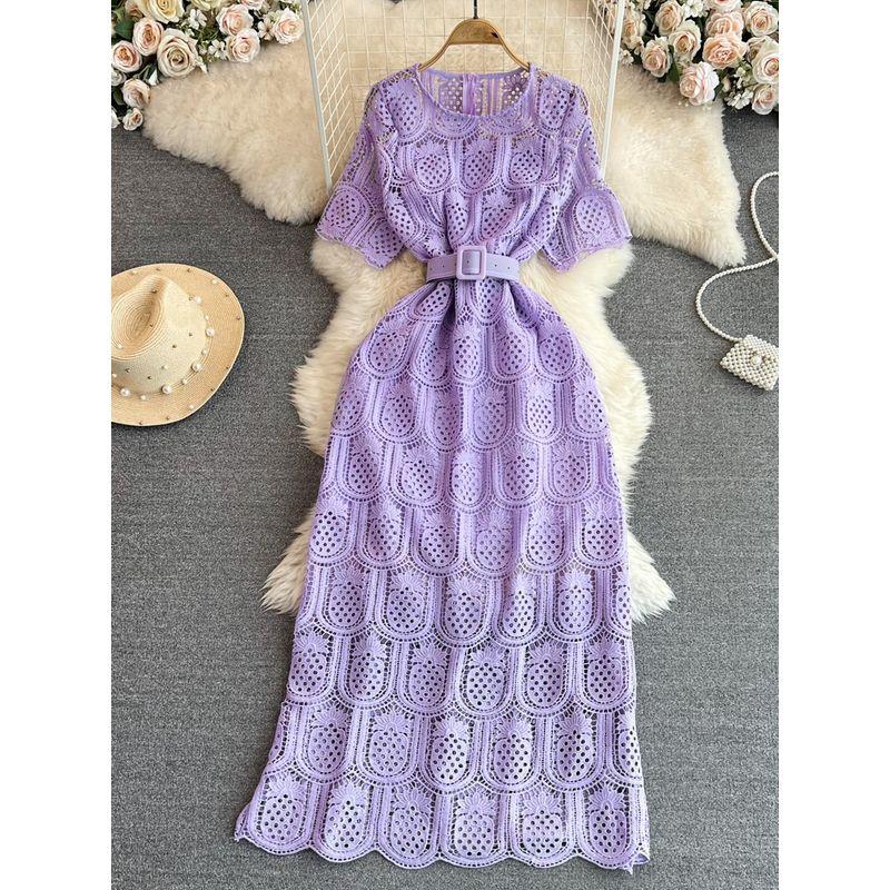 Summer Retro Cut Out Lace Dress Elegant Short Sleeve