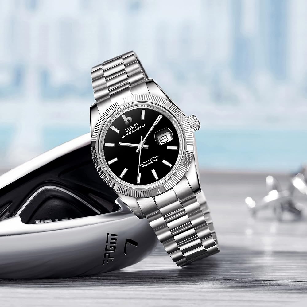 BUREI Men's Analog Quartz Watch Waterproof Simple Fashion Black Silver Night Glow Business Timepiece
