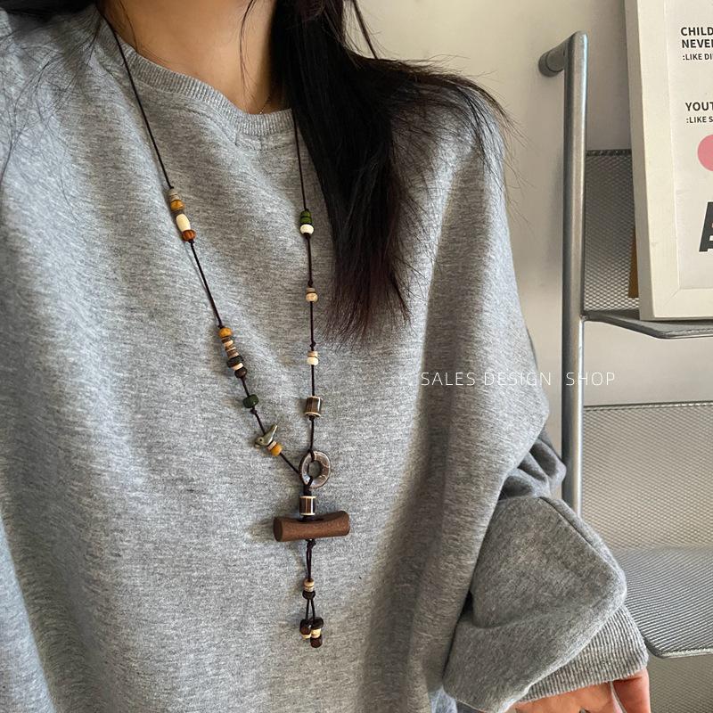 Vintage Holzperlen Vogel Halskette - Damen Retro Style Pullover Kette