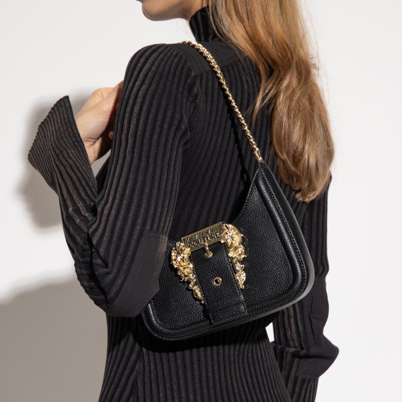 Versace Jeans Couture Baroque Carved Logo Buckle Grain Leather Shoulder Bag Women Shoulder Bag Black 74VA4BF5-ZS413-899