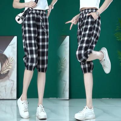 Women's Summer Thin Section High-waisted Plaid Trousers Straight Casual Thin Seven-minute Harem Trousers