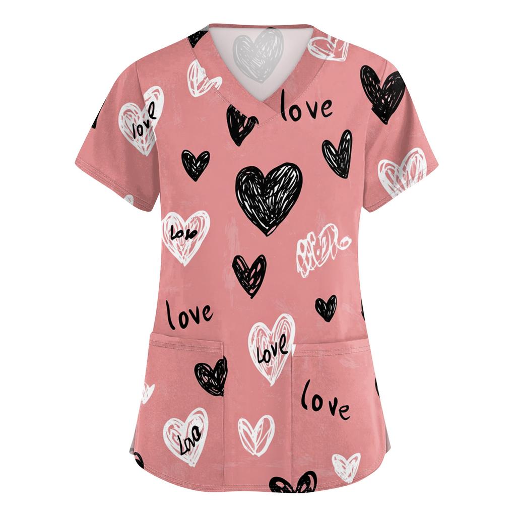 Women's V,neck Valentine's Day Printed Short,sleeved Pocket Side,slit Protective Suit Top