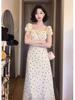French square neck bubble sleeve dress women's summer new gentle temperament coffee break dress waist and thin long dress