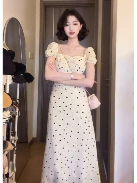 French square neck bubble sleeve dress women's summer new gentle temperament coffee break dress waist and thin long dress