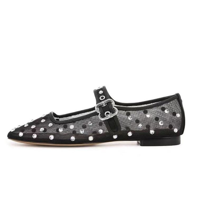 Fashion New Water Diamond Mesh Flat Sole Single Shoes Comfortable Women's Low Heel Commuting Student Shoes Fashionable Handmade Shoes