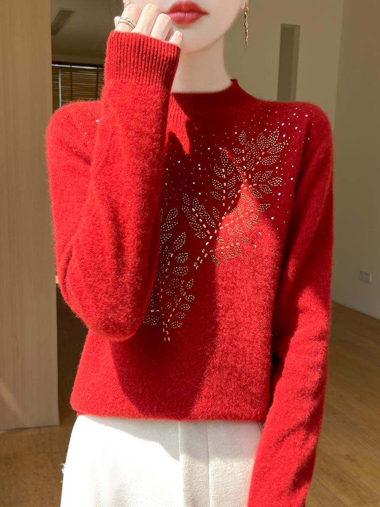 Women's Autumn/Winter Pure Wool Half-High Collar Sweater - Warm, Seamless, Non-Itchy, Hot-Drill Design
