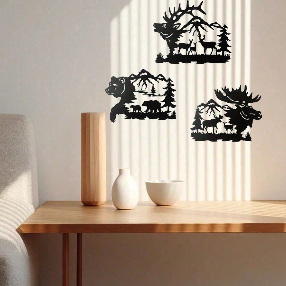 Metal Elk Bear Moose Mountain Forest Silhouette Metal Wall Art Rustic Cabin Outdoor Decor Set