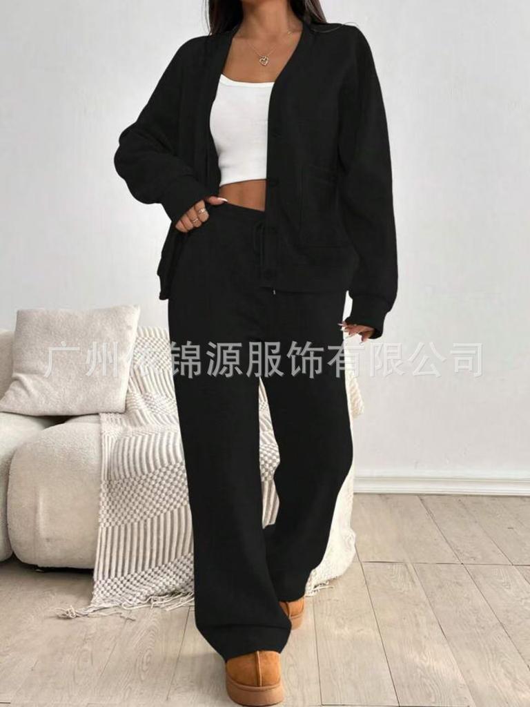 Women's Grey Button Front Knit Cardigan with Wide Leg Lounge Pants Set