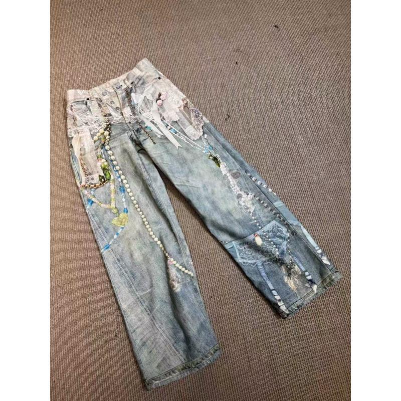 ROADVIBE Y2k Jeans Baggy Mode Nouveau Produit Dentelle Imprimée en 3D Chaîne Perle Pantalon Droit Femmes Pantalon Jeans Taille Haute pour Femme