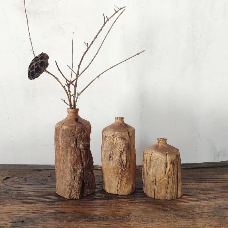 Wood Flower Vase Wabi-sabi Style Flower Arrangement Vases Retro Dining Table Vase Ornaments Living Room Decorative Accessories