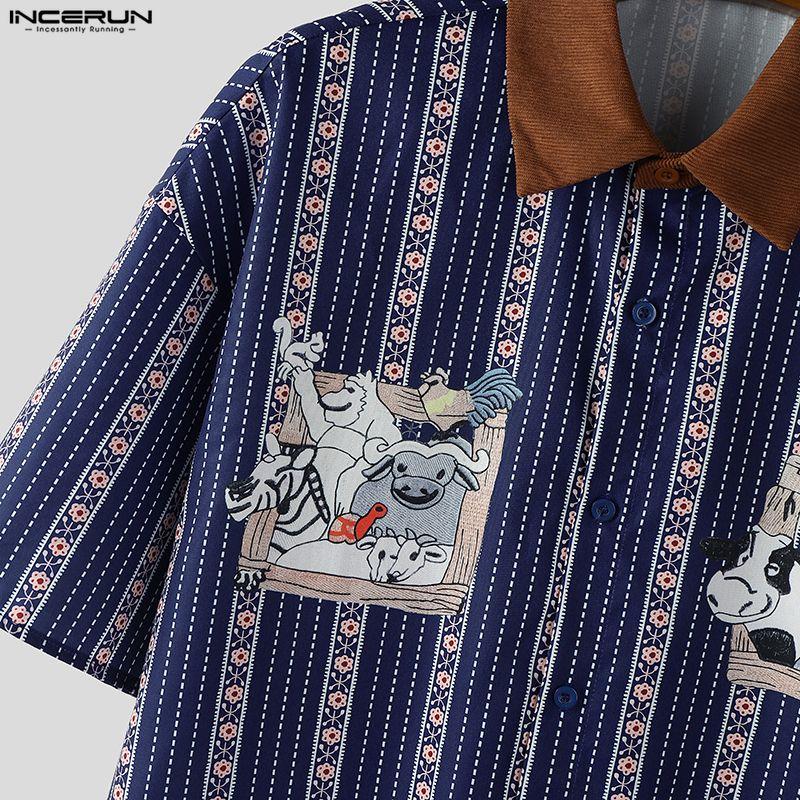 INCERUN Summer Men Lapel Neck Short Sleeve Patchwork Striped Casual Shirts Tops
