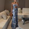 CHICME Floral Printed Vacation Dress Halter Tie Ruched Shirred Bandeau Party Dress Slim Ruffle Hem Wedding Guest Dress