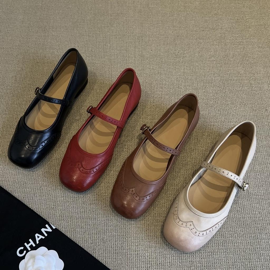 Cowhide version~ Flat-bottomed Brock engraved small leather shoes for women's 2025 spring and autumn new leather round head Mary Jane single shoes