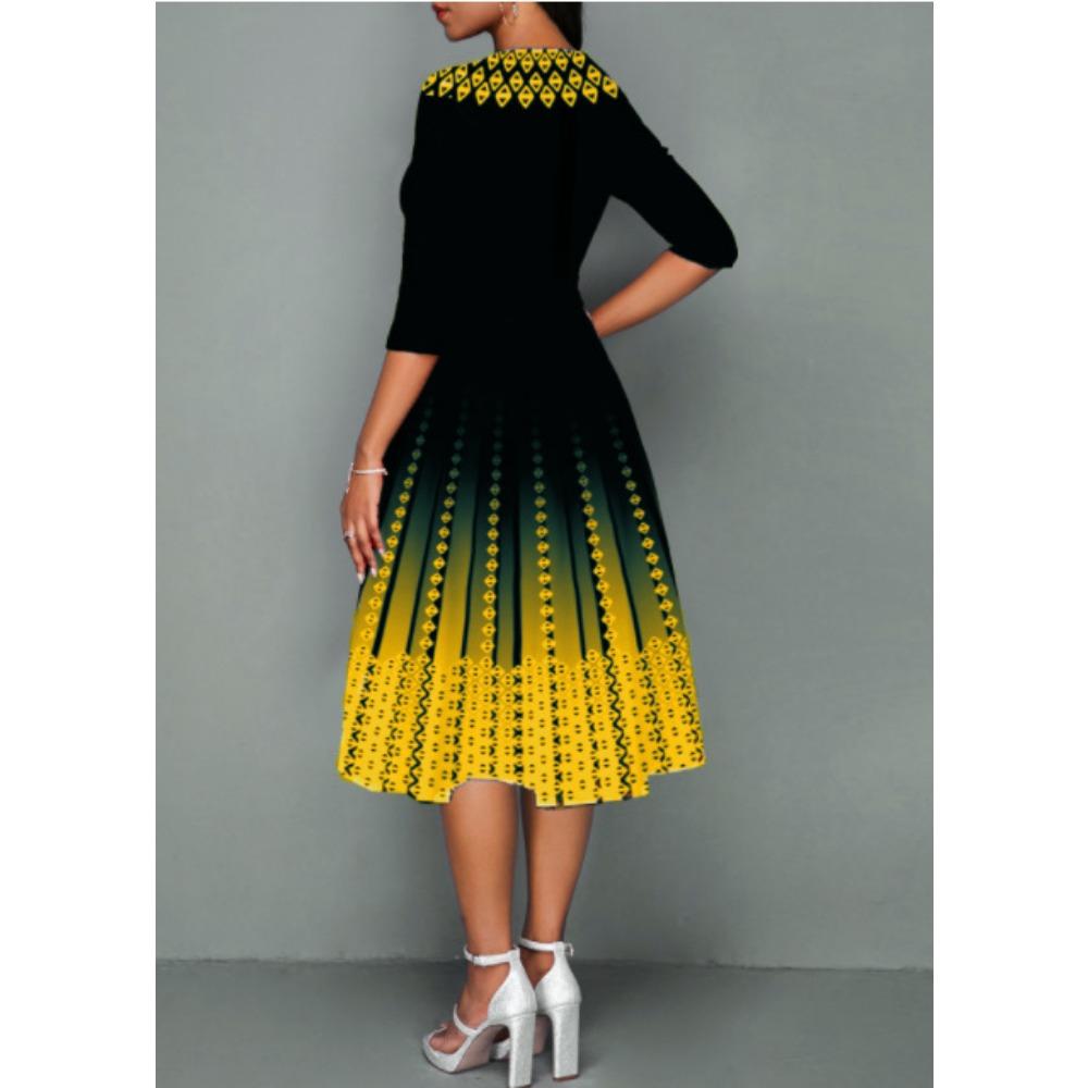 Women's Gradient Fashion Printed Temperament Mid Sleeve Waist Cinched Dress