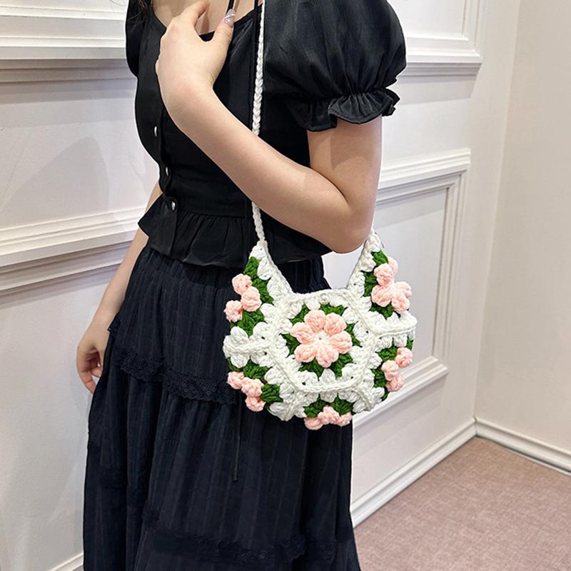 Yogodlns Handwoven Crochet Shoulder Bag with Floral Pattern Women Sweet Style Fashion Moon Crescent Shap Crossbody Bag for Holiday Travel